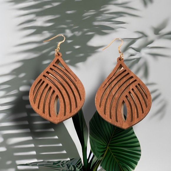 Wood statement earrings BRAND NEW large hanging earrings art deco drop - Picture 2 of 3